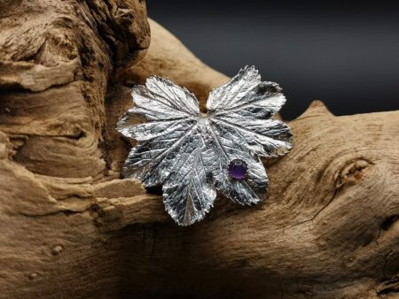 Feinsilber, Silber, Selbstgemacht, Waldviertel, Anhänger, Brosche, Blatt, Frauenmantel, Amethyst