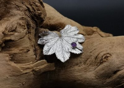 Feinsilber, Silber, Selbstgemacht, Waldviertel, Anhänger, Brosche, Blatt, Frauenmantel, Amethyst