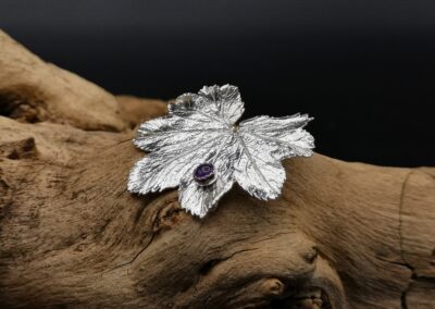 Feinsilber, Silber, Selbstgemacht, Waldviertel, Anhänger, Brosche, Blatt, Frauenmantel, Amethyst